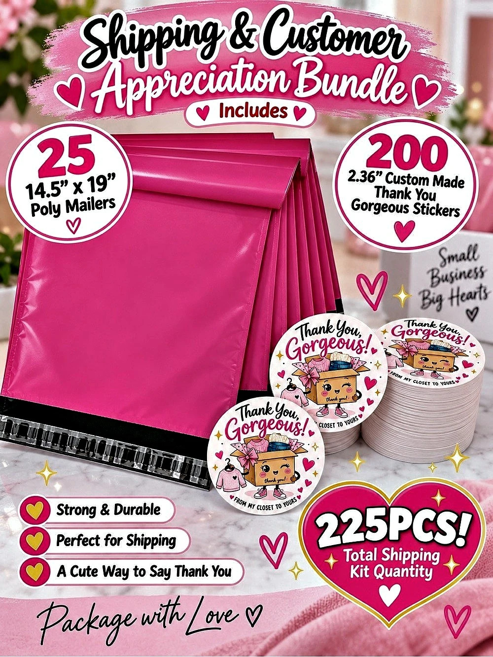 225PC Bundle ~25 XL Poly Mailers 14.5x19” & 200 L Stickers 2.36”